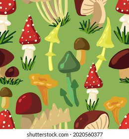 Mushrooms hand drawn vector seamless pattern. Autumn season harvest ornament in scandinavian style. Abstract сolored cartoon design for print, wrap, background, wallpaper, textile, fabric, decor, card