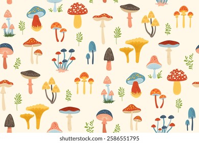 Mushrooms hand drawn vintage seamless pattern. Various doodle texture mushrooms repeat boundless background. Cartoon mushrooms endless design print textile, wrapper backdrop, scrapbook vector template