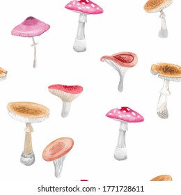 Mushrooms. Hand drawn watercolor pattern on white background. Vector pattern