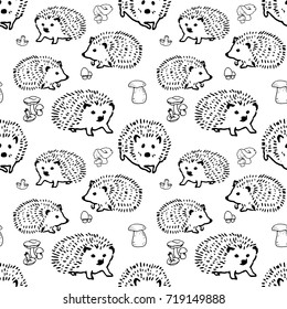 Mushrooms and hedgehog hand drawn vector seamless pattern. Isolated Sketch organic food drawing background. Hedgehog, champignon, enokitake, porcini, oyster, honey agaric, chanterelle, fungi, russula.