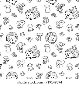 Mushrooms and hedgehog hand drawn vector seamless pattern. Isolated Sketch organic food drawing background. Hedgehog, champignon, enokitake, porcini, oyster, honey agaric, chanterelle, fungi, russula.