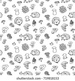 Mushrooms and hedgehog hand drawn vector seamless pattern. Isolated Sketch organic food drawing background. Hedgehog, champignon, enokitake, porcini, oyster, honey agaric, chanterelle, fungi, russula.