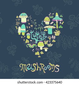 Mushrooms. herbal elements in heart shape. vector doodle mushroom ornamental pattern on dark floral background
