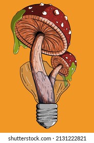 MUSHROOMS HIPPIE PSYCHEDELIC OUTLINE COLORFUL AMANITA MUSCARIA FLY AGARIC MUSHROOM FUNGUS RETRO FASHION. mushrooms growing in the lamp. Vector illustration. Suitable for p