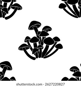 Mushrooms, honey agaric. Seamless vector pattern, black silhouettes on white. Hand drawn illustration. Perfect for design templates, wallpaper, wrapping, fabric, print and textile. 