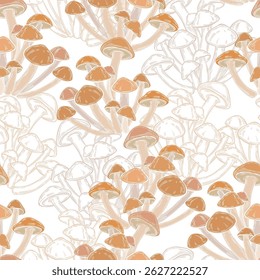 Mushrooms, honey agaric. Seamless vector pattern, colored silhouettes and contours on white. Hand drawn illustration. Perfect for design templates, wallpaper, wrapping, fabric, print and textile. 