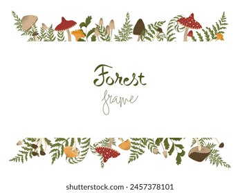 Mushrooms horisontal frame. Autumn illustration with forest mushrooms and fern leaves. Vector banner for web design, print, advertising, packaging. White background.