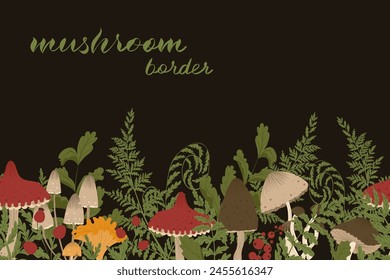 Mushrooms horizontal banner. Seamless border. Autumn mushrooms illustration with amanita, morel, chanterelle, toadstool, fern leaves, berries. Vector border-frame for web design, print, advertising. 