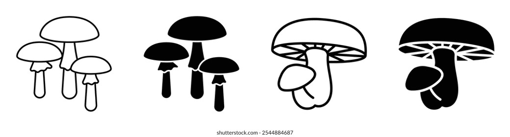 Mushrooms icon collection in black and white filled and solid vector style.