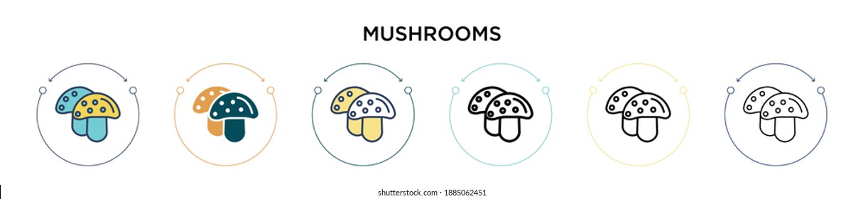 Mushrooms icon in filled, thin line, outline and stroke style. Vector illustration of two colored and black mushrooms vector icons designs can be used for mobile, ui, web