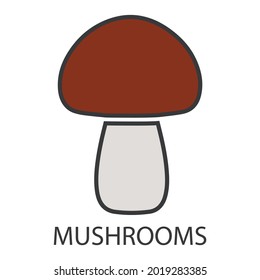 The mushrooms icon with the inscription. A mushroom with a brown cap, a light black leg and a gray outline. A product that causes an allergic reaction. Vector illustration isolated on a white backgrou