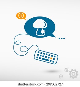 Mushrooms icon and keyboard on chat speech bubbles. Line icons for application and creative process