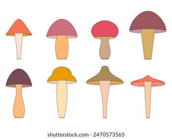 Mushrooms icon set isolated on white background. Mushrooms of different shapes with a black outline. Mushrooms in a minimalist style. Collection of icons for banners and posters. Vector illustration