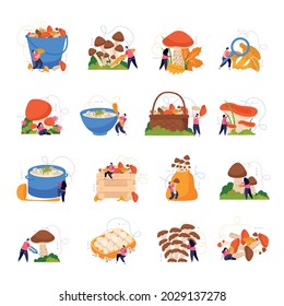 Mushrooms icons set with harvest symbols flat isolated vector illustration