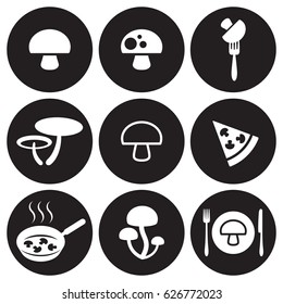 Mushrooms icons set. White on a black background