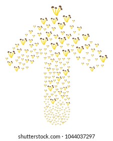 Mushrooms illustration created in the set of up motion arrow. Upwards oriented arrow shape made from mushrooms icons.