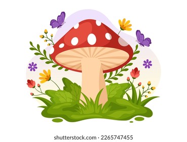 Mushrooms Illustration with Different Mushroom, Grass and Insects for Web Banner or Landing Page in Flat Cartoon Hand Drawn Templates