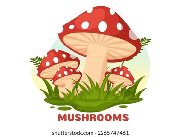 Mushrooms Illustration with Different Mushroom, Grass and Insects for Web Banner or Landing Page in Flat Cartoon Hand Drawn Templates