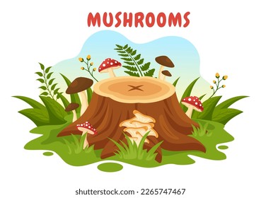 Mushrooms Illustration with Different Mushroom, Grass and Insects for Web Banner or Landing Page in Flat Cartoon Hand Drawn Templates