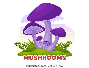 Mushrooms Illustration with Different Mushroom, Grass and Insects for Web Banner or Landing Page in Flat Cartoon Hand Drawn Templates