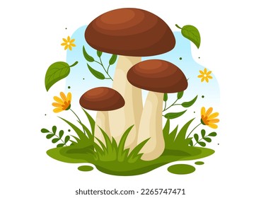 Mushrooms Illustration with Different Mushroom, Grass and Insects for Web Banner or Landing Page in Flat Cartoon Hand Drawn Templates