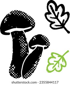 Mushrooms. Illustration in linocut style, stylization, rustic style. Vector element for design