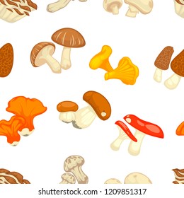 Mushrooms isolated flat seamless pattern. Vector edible champignon and boletus