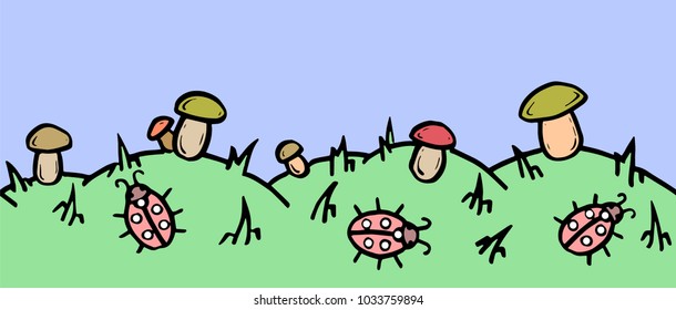 mushrooms and ladybugs on the lawn. seamless Vector art.