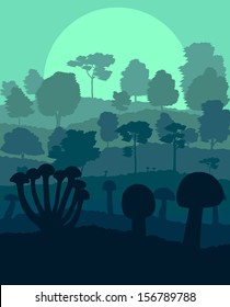 Mushrooms landscape in front of forest autumn vector background concept