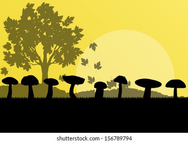 Mushrooms landscape in front of forest autumn vector background concept