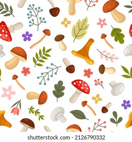 Mushrooms and Leafs Seamless Pattern on White Background. Vector illustration
