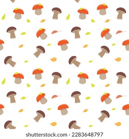 Mushrooms and leaves, autumn background. Childish cheerful vector seamless pattern.