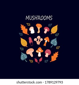 Mushrooms, leaves, berries set isolated on white background. Hand drawn colorful illustration in doodle style. Autumn mood. Harvest festival. Flat design. Hand lettering, calligraphy.