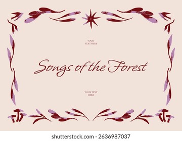 Mushrooms, leaves and floral shapes forming decorative symmetrical forest border with textured hand drawn style. Illustration for frames, cards, posters, banners, advertising. Vector illustration.