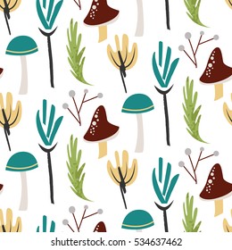 Mushrooms and leaves: modern hand drawn seamless pattern in pastel palette.