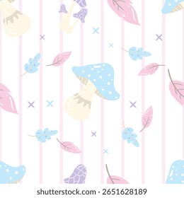 Cogumelos e folhas tons pastel em um fundo listras rosa e branco. Padrão contínuo de outono para roupas, tecido, papel de parede, pano de fundo, decoração de casa, livro de capa e arte de parede. 