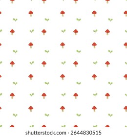Mushrooms and leaves pattern on a white background. Simple seamless pattern with fly agaric mushrooms. Vector design for greeting card and invitation