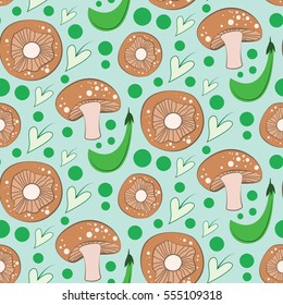 Mushrooms, leaves and Peas: vector pattern 
