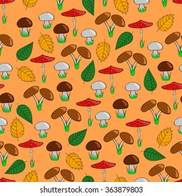 Mushrooms and leaves seamless background