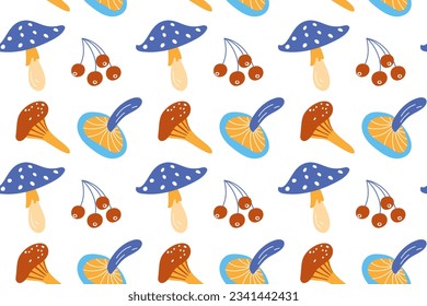 Mushrooms and leaves, seamless flat pattern. Autumn mushroom pattern, cheerful autumn forest, isolated.