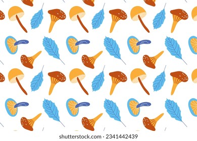 Mushrooms and leaves, seamless flat pattern. Autumn mushroom pattern, cheerful autumn forest, isolated.