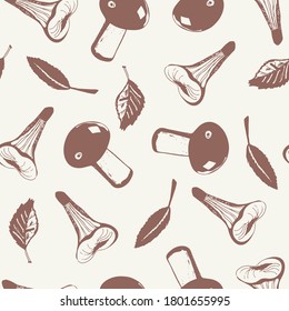 Mushrooms and leaves seamless pattern. Hand drawn vintage pattern. Chanterelle and Cep Mushrooms. Autumn forest background. For menu, Wallpaper, packaging, kitchen design, curtains, napkins, textile.