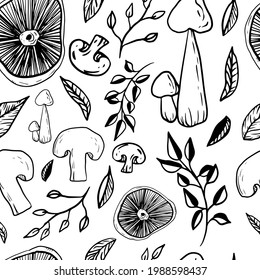 Mushrooms and leaves seamless pattern on an isolated white background. Forest, mushroom print for textiles in doodle style. Black-white pattern. Vector illustration.