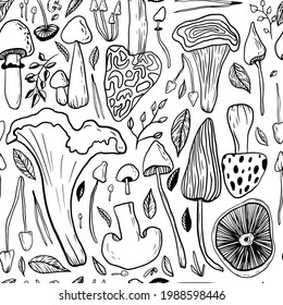 Mushrooms and leaves seamless pattern on an isolated white background. Forest, mushroom print for textiles in doodle style. Black-white pattern. Vector illustration.