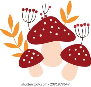 Mushrooms With Leaves Vector Illustration