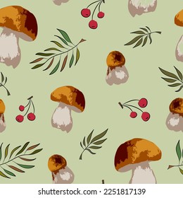 Hongos y hojas. Ilustración vectorial. Patrón