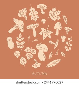 Setas y hojas. Ilustración vectorial para póster, tarjeta y decoración de otoño