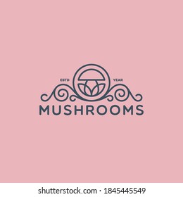 Mushrooms logo design template with flourish ornament in linear style. Vector illustration.