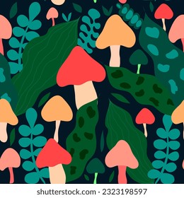 mushrooms with long leaves and ferns seamless vector pattern. Mushrooms, leaves with veins jungle night time seamless vector repeat pattern. Suitable for tiles, fabric, wrapping, decorations and more.
