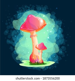 Mushrooms. Magic drawings with mushrooms. Against a dark background with uman and fire flashers. A beautiful, mysterious sticker. For print and web pages.